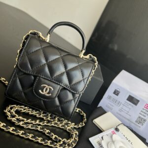 Mini Bag with Chain Lambskin Gold Black #AP2682