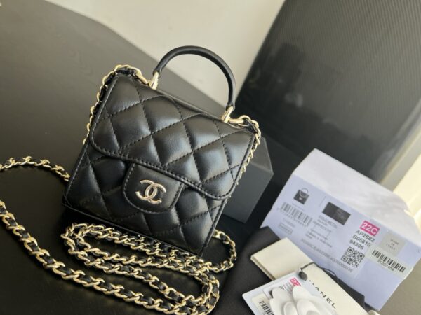 Mini Bag with Chain Lambskin Gold Black #AP2682