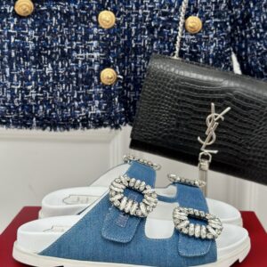 Roger Vivier - Slidy Viv' Strass Buckle Mules in Denim