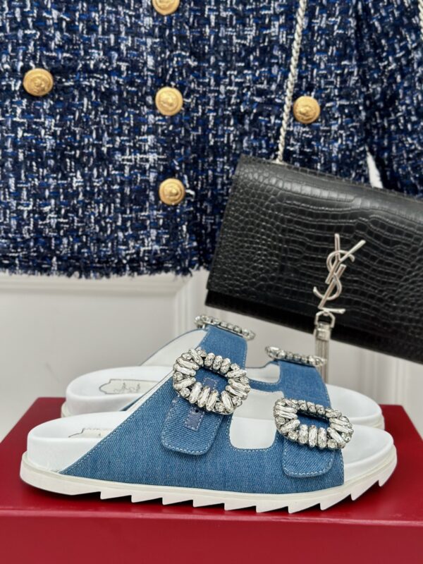 Roger Vivier - Slidy Viv' Strass Buckle Mules in Denim