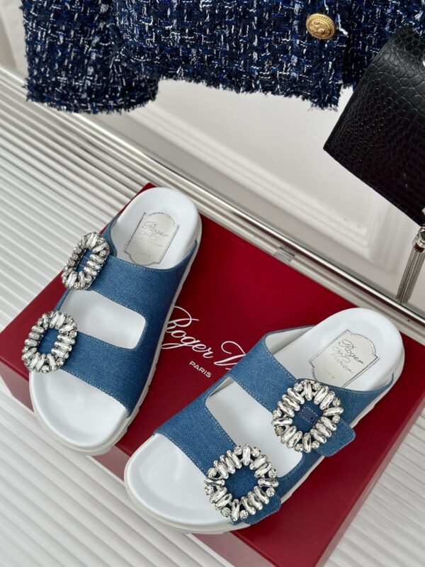 Roger Vivier - Slidy Viv' Strass Buckle Mules in Denim
