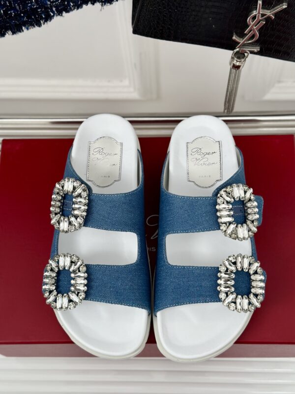 Roger Vivier - Slidy Viv' Strass Buckle Mules in Denim