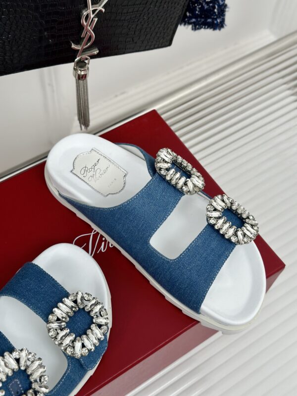 Roger Vivier - Slidy Viv' Strass Buckle Mules in Denim
